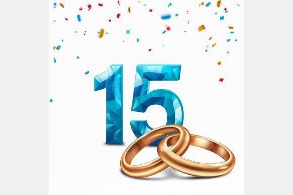 Celebrate 15 Years: Blue Number 15 and Golden Wedding Rings