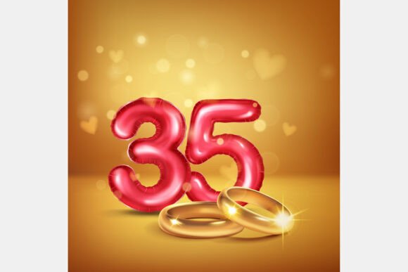 Celebrate Milestones with Red Number 35 and Gold Wedding Rings