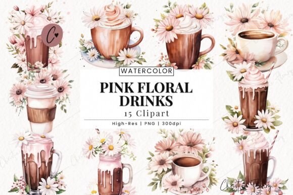 Elegant Pink Floral Drinks Clipart for Wedding PNG Designs