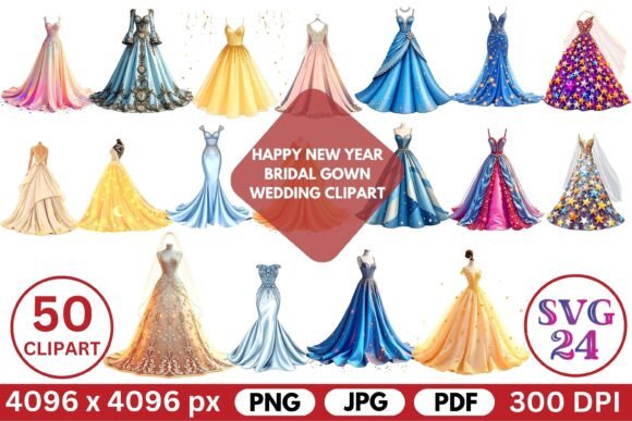 Happy New Year Bridal Gown Wedding Clipart: Design Assets for Festive Projects