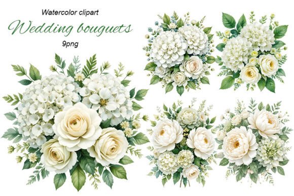Watercolor Wedding Bouquets: 9 PNG Files for Elegant Design